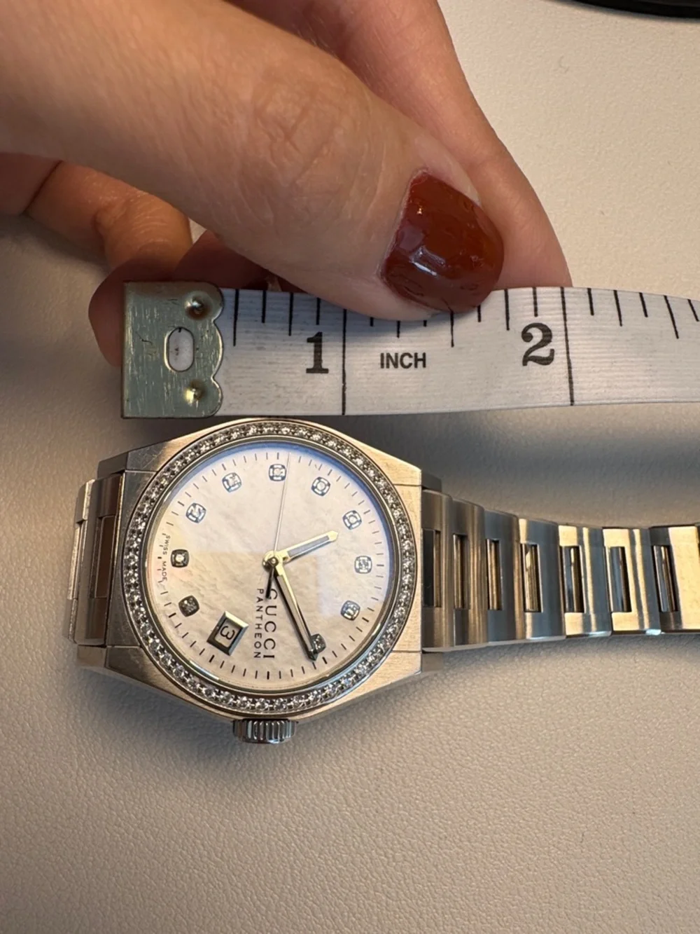 Gucci Pantheon Silver Watch with White Dial and Diamond Bezel